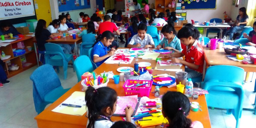 Sekolah dengan siswa kreatif berkolaborasi di kelas.