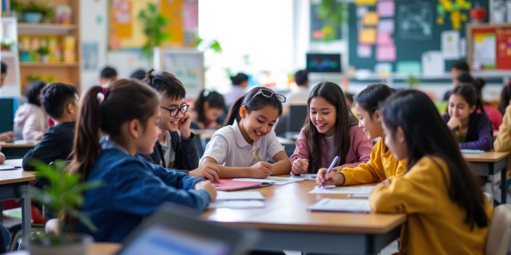 Kelas yang aktif dengan siswa menggunakan teknologi baru.