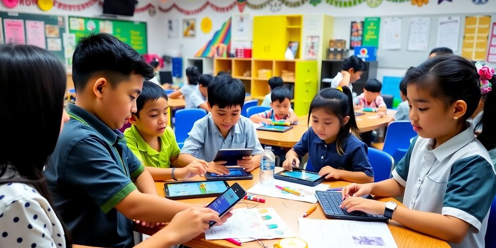 Gambar kelas yang ceria dengan siswa belajar bersama.