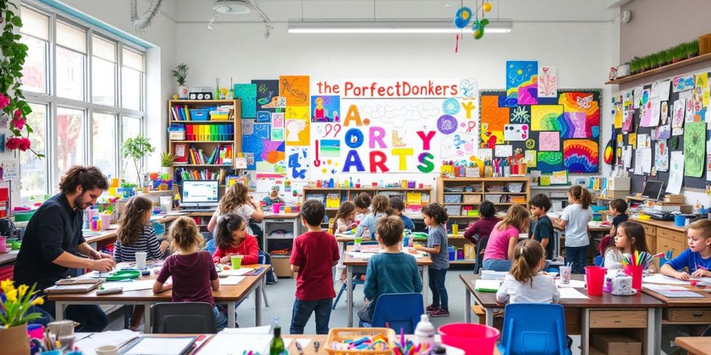 Kelas penuh warna dengan proyek kreatif siswa.