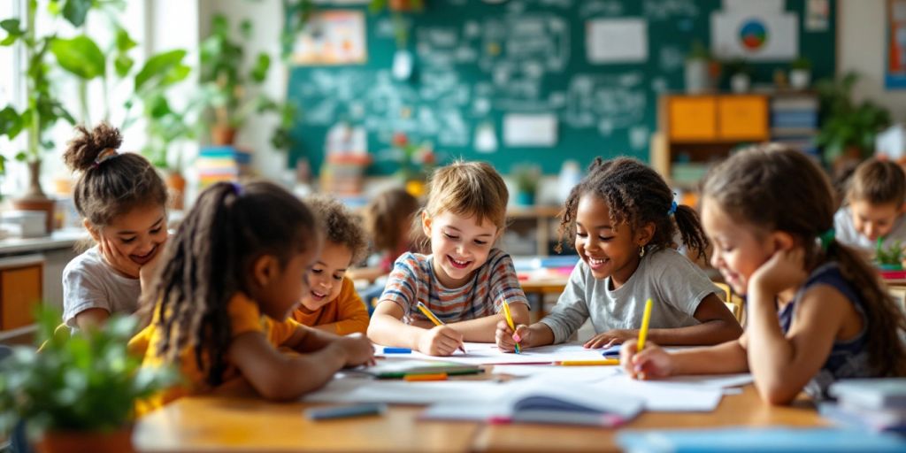 Kelas yang penuh semangat dengan siswa belajar bersama.