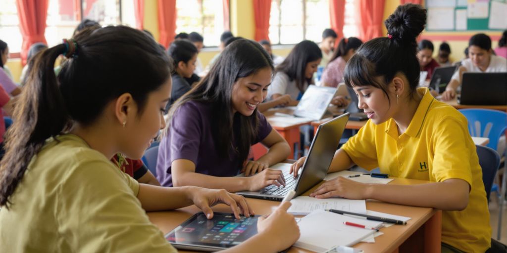 Kelas yang ceria dengan siswa menggunakan laptop dan tablet.