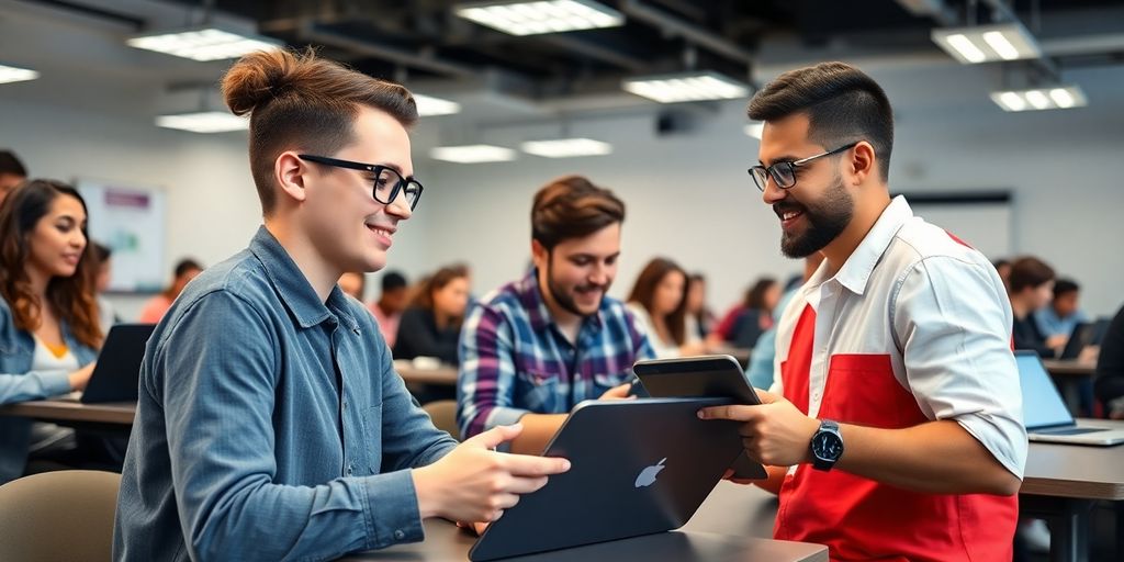 Siswa belajar dengan teknologi modern di ruang kelas.