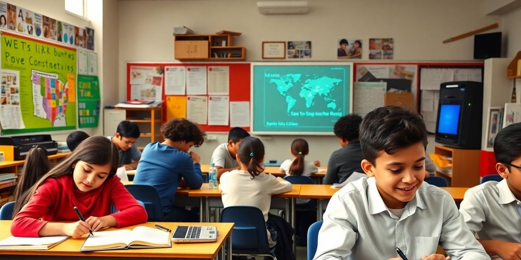 Siswa belajar di kelas dengan berbagai alat pendidikan.